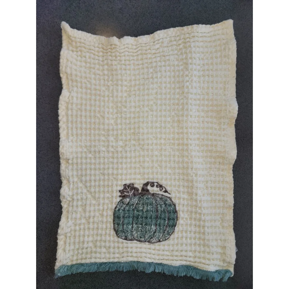 Nicole Miller Home Pumpkin Kitchen Towel Cream Teal Fringe 24x12